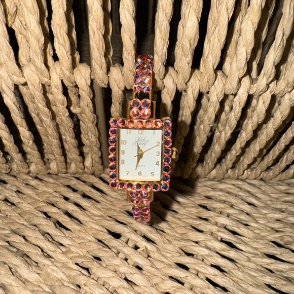 Kirks Folly Womens Cuff Watch Bracelet GoldTone Purple AB Crystal 6” - Picture 3 of 10